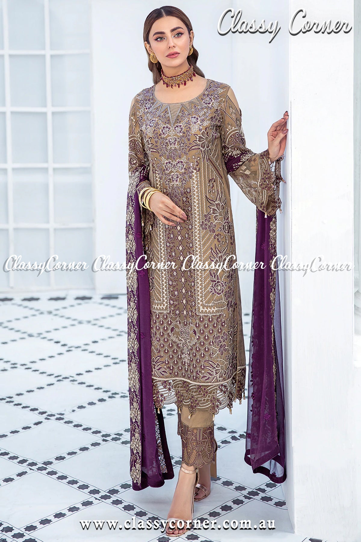 Mocha Plum Chiffon Pakistani Formal Salwar Kameez - Classy Corner