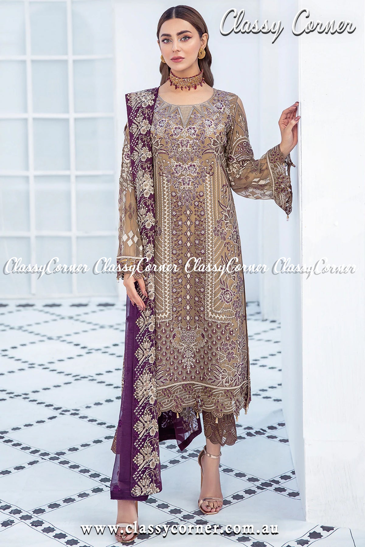 Mocha Plum Chiffon Pakistani Formal Salwar Kameez - Classy Corner