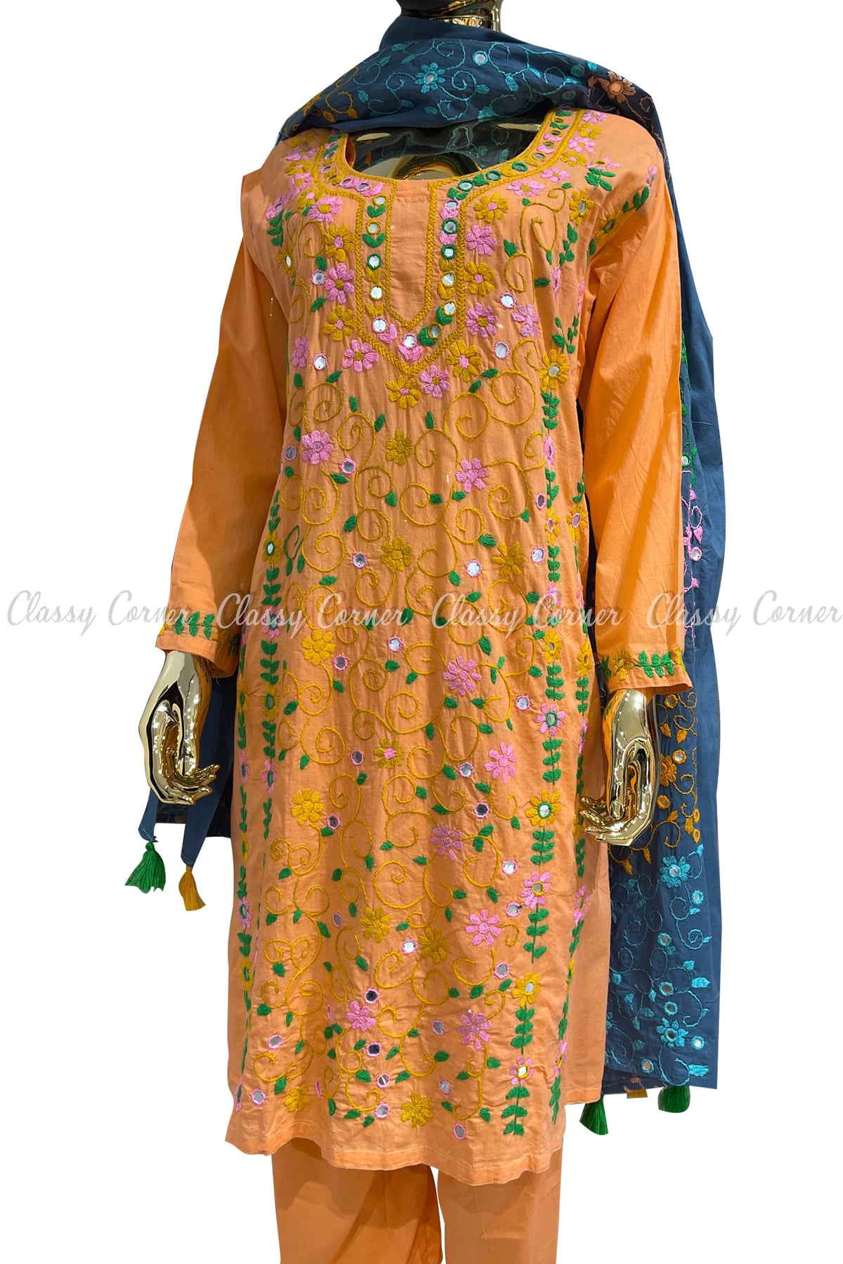 Peach Blue Hand Embroidered Cotton Salwar Kameez Suit - Classy Corner