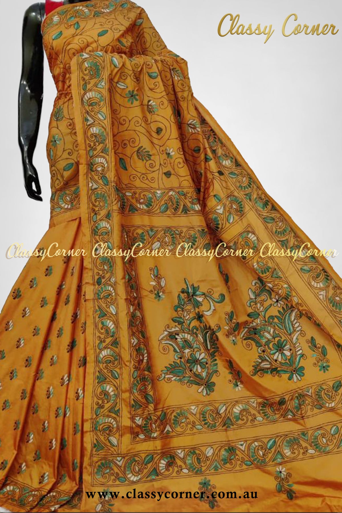 Orange Brown Pure Silk Kantha Stitch Saree - Classy Corner