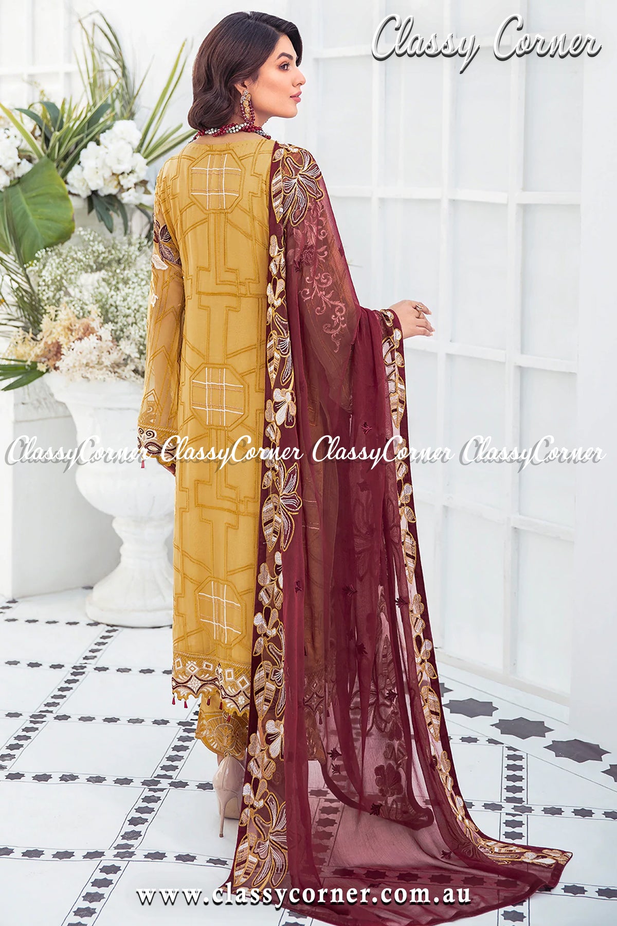 Pastel Orange Maroon Chiffon Pakistani Formal Salwar Kameez - Classy Corner