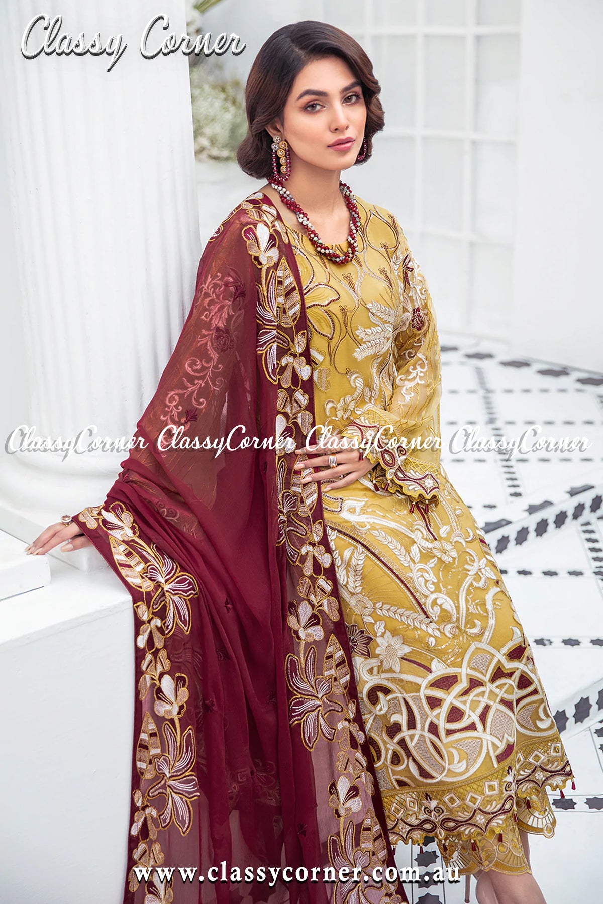 Pastel Orange Maroon Chiffon Pakistani Formal Salwar Kameez - Classy Corner