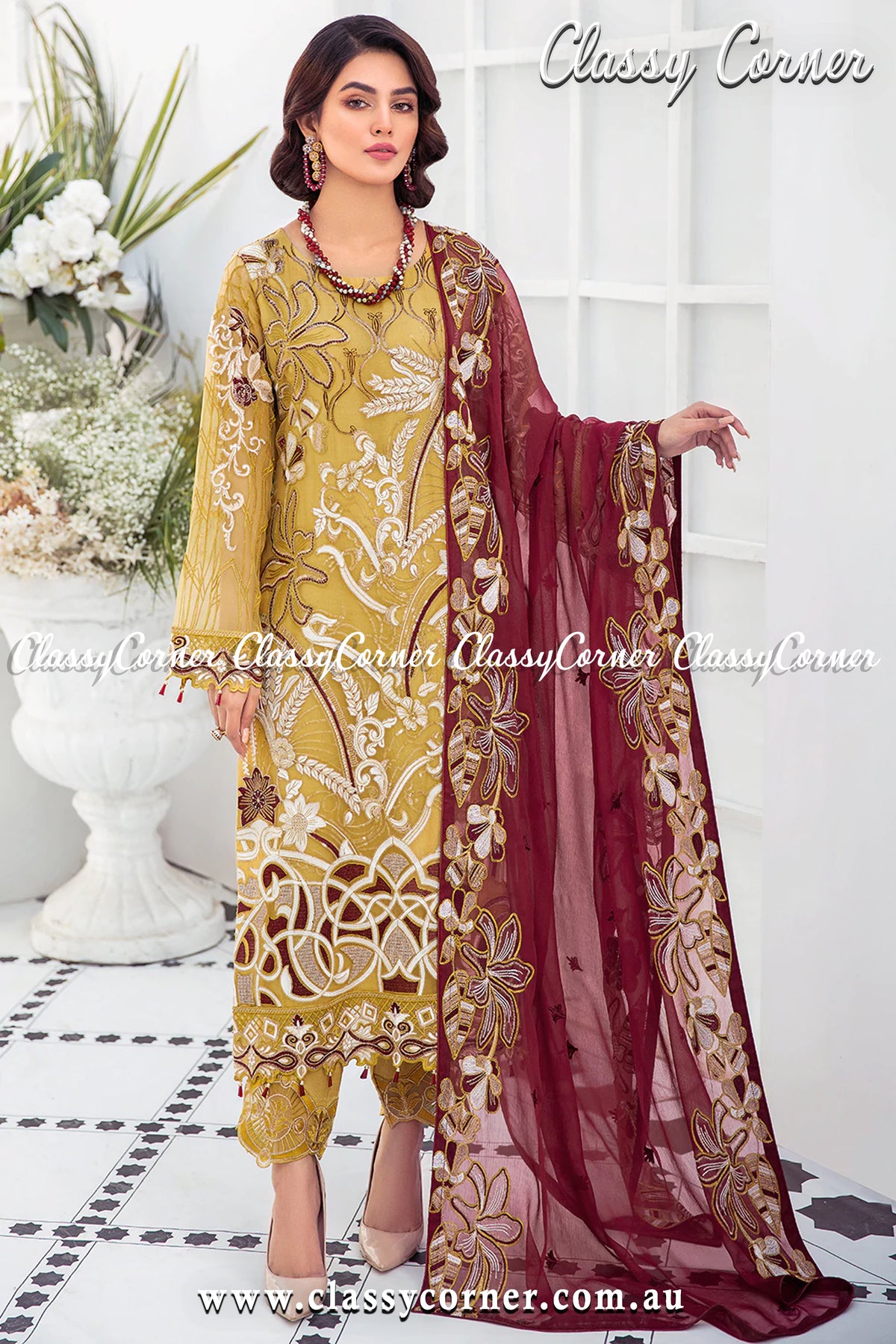 Pastel Orange Maroon Chiffon Pakistani Formal Salwar Kameez - Classy Corner