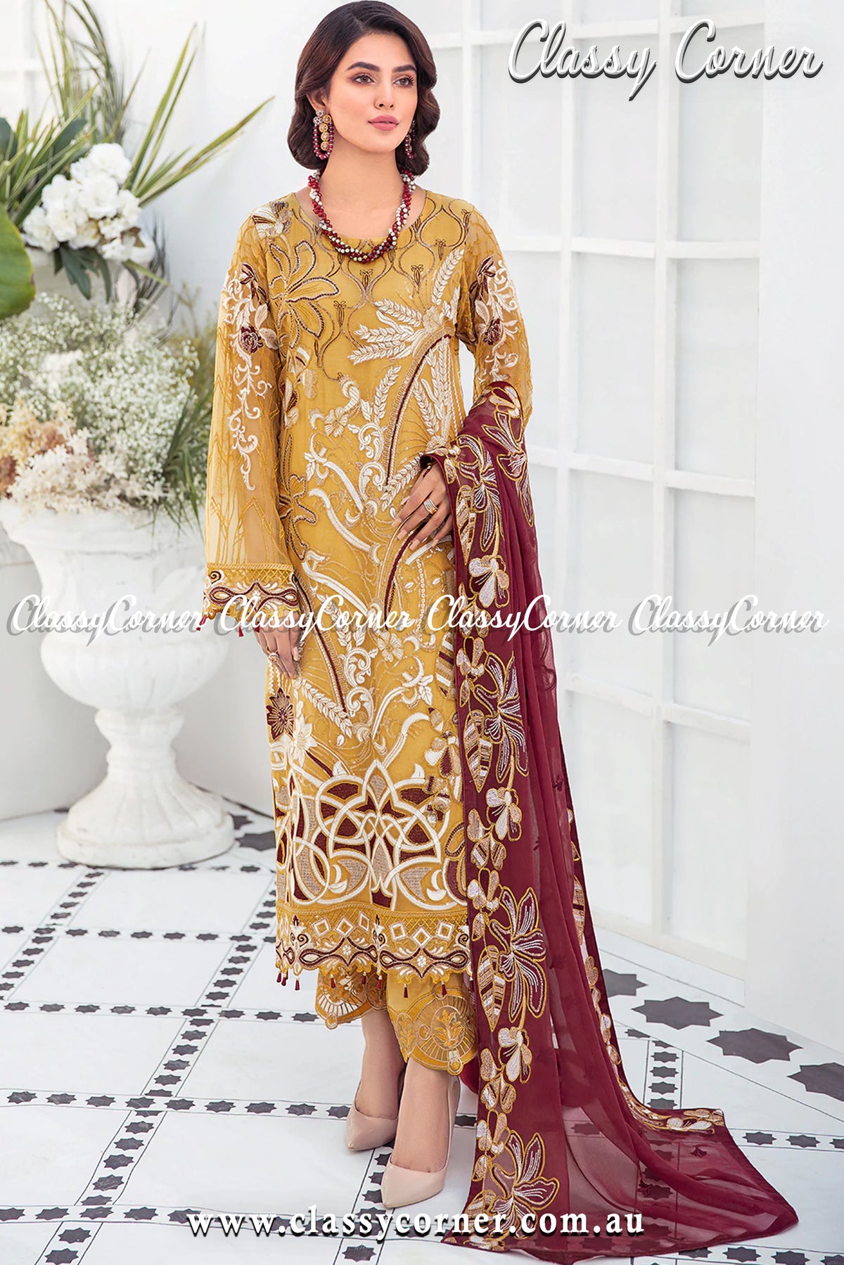 Pastel Orange Maroon Chiffon Pakistani Formal Salwar Kameez - Classy Corner