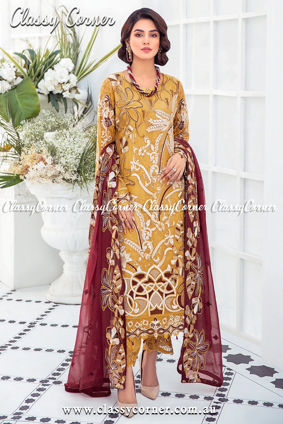 Pastel Orange Maroon Chiffon Pakistani Formal Salwar Kameez - Classy Corner