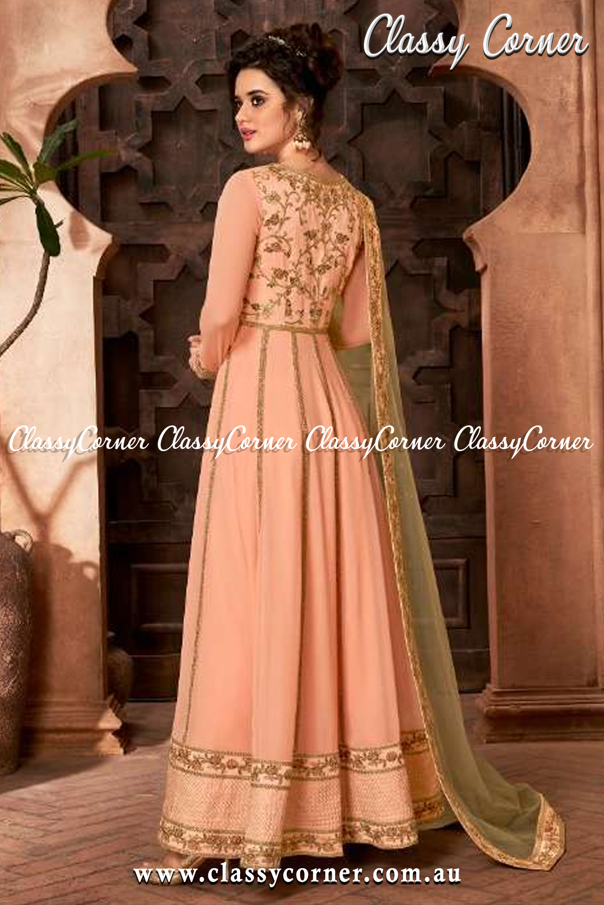 Peach Gold Blooming Georgette with Diamond Anarkali Gown - Classy Corner