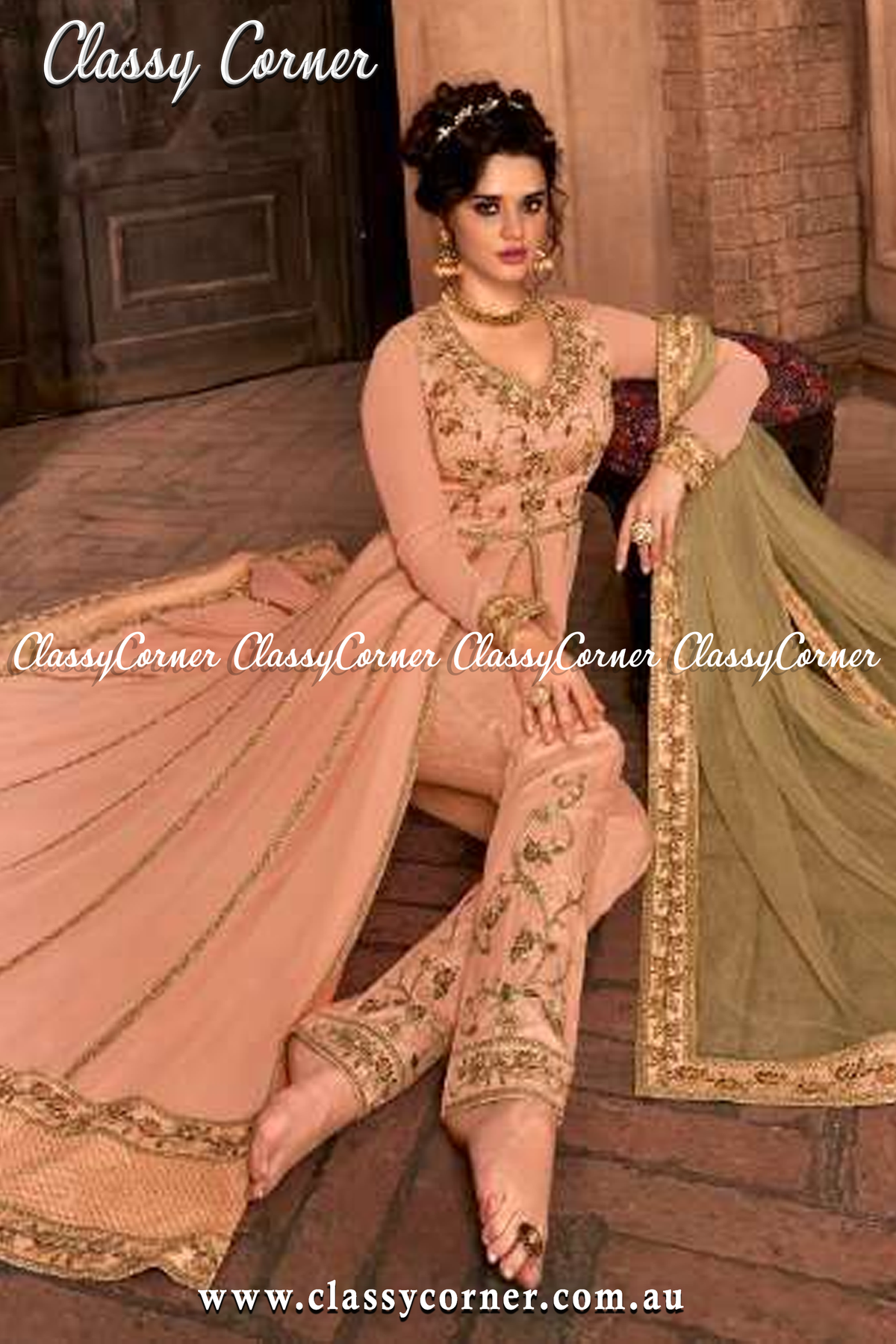 Peach Gold Blooming Georgette with Diamond Anarkali Gown - Classy Corner