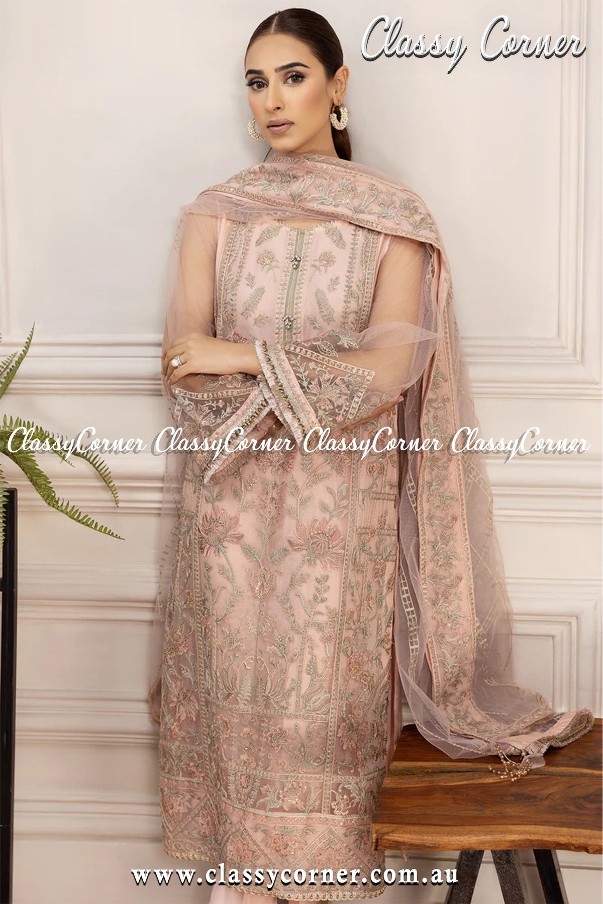 Peach Green Net Pakistani 3pc Outfit - Classy Corner