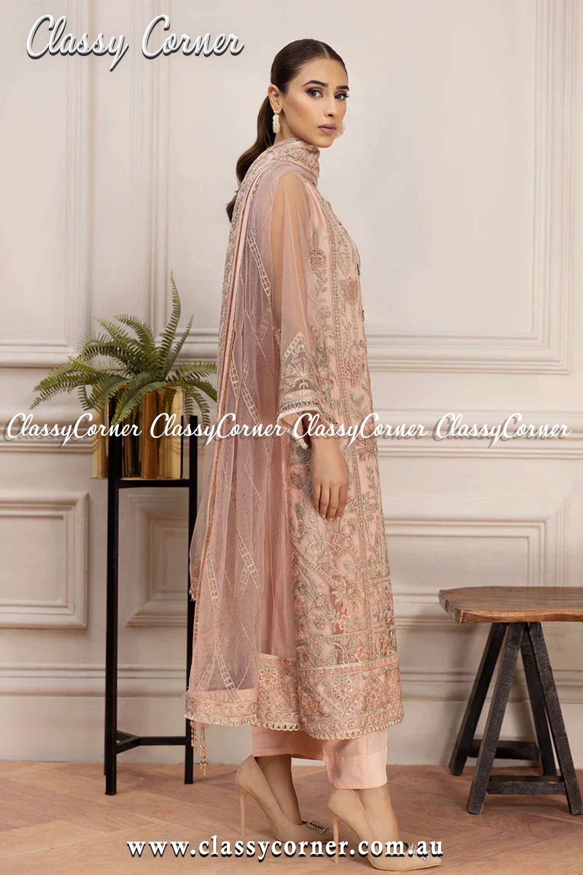 Peach Green Net Pakistani 3pc Outfit - Classy Corner