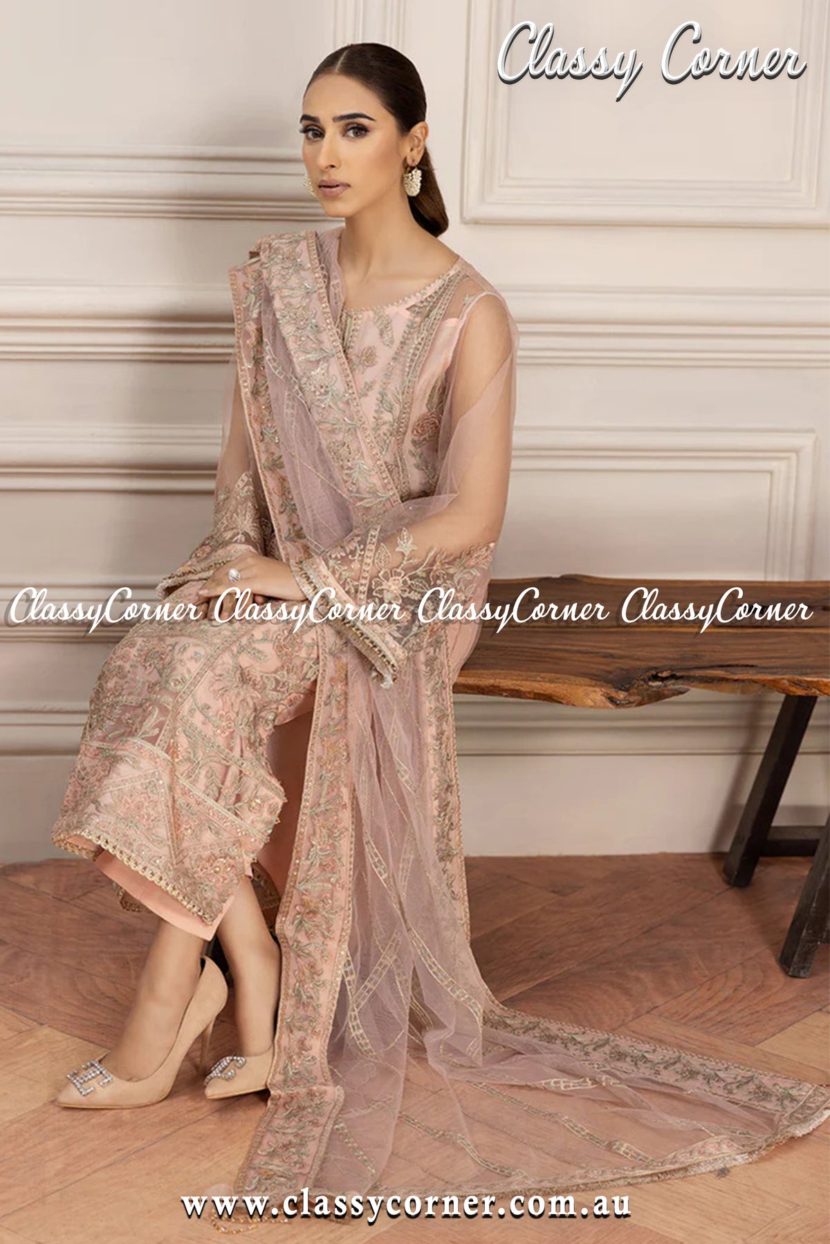 Peach Green Net Pakistani 3pc Outfit - Classy Corner