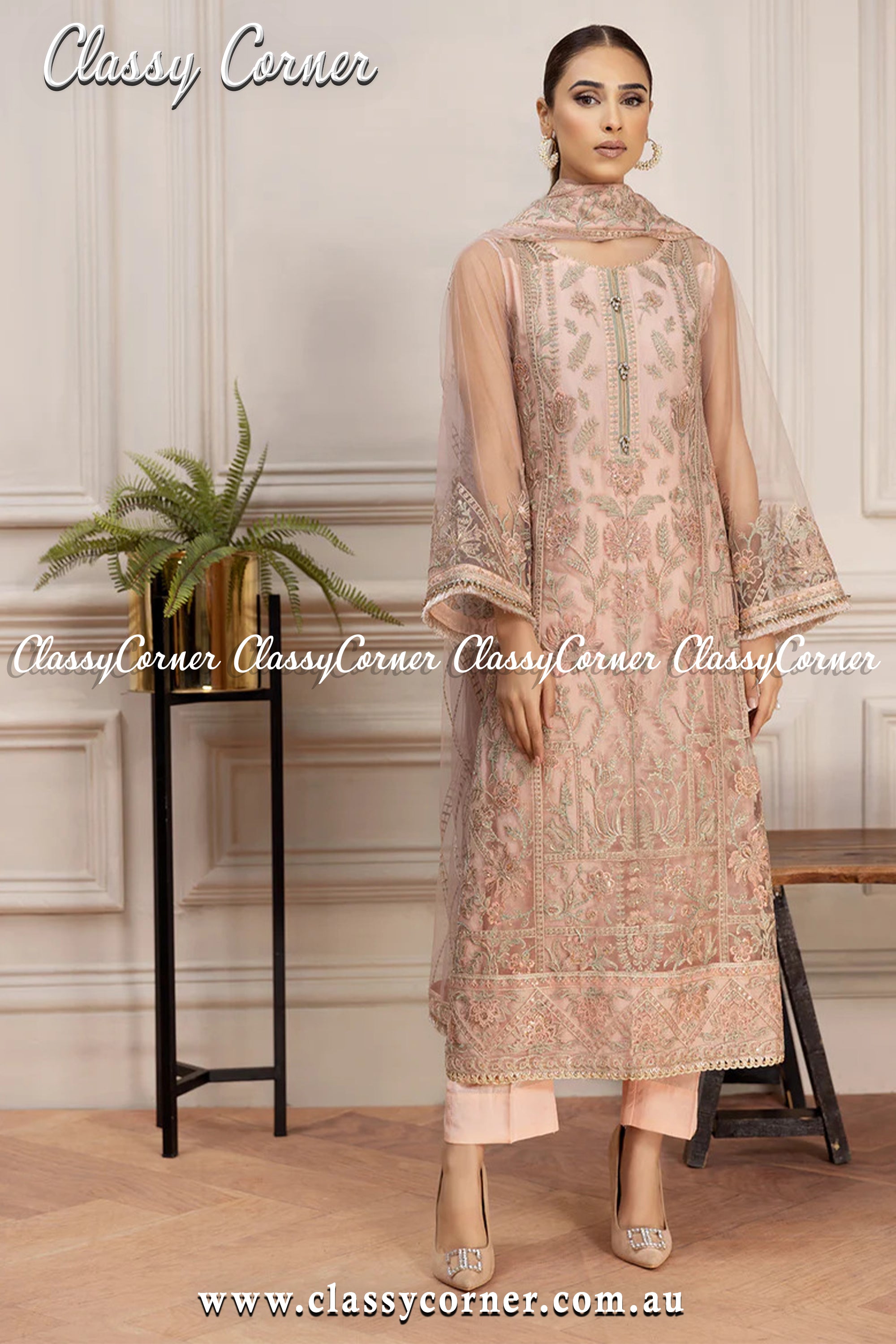 Peach Green Net Pakistani 3pc Outfit - Classy Corner