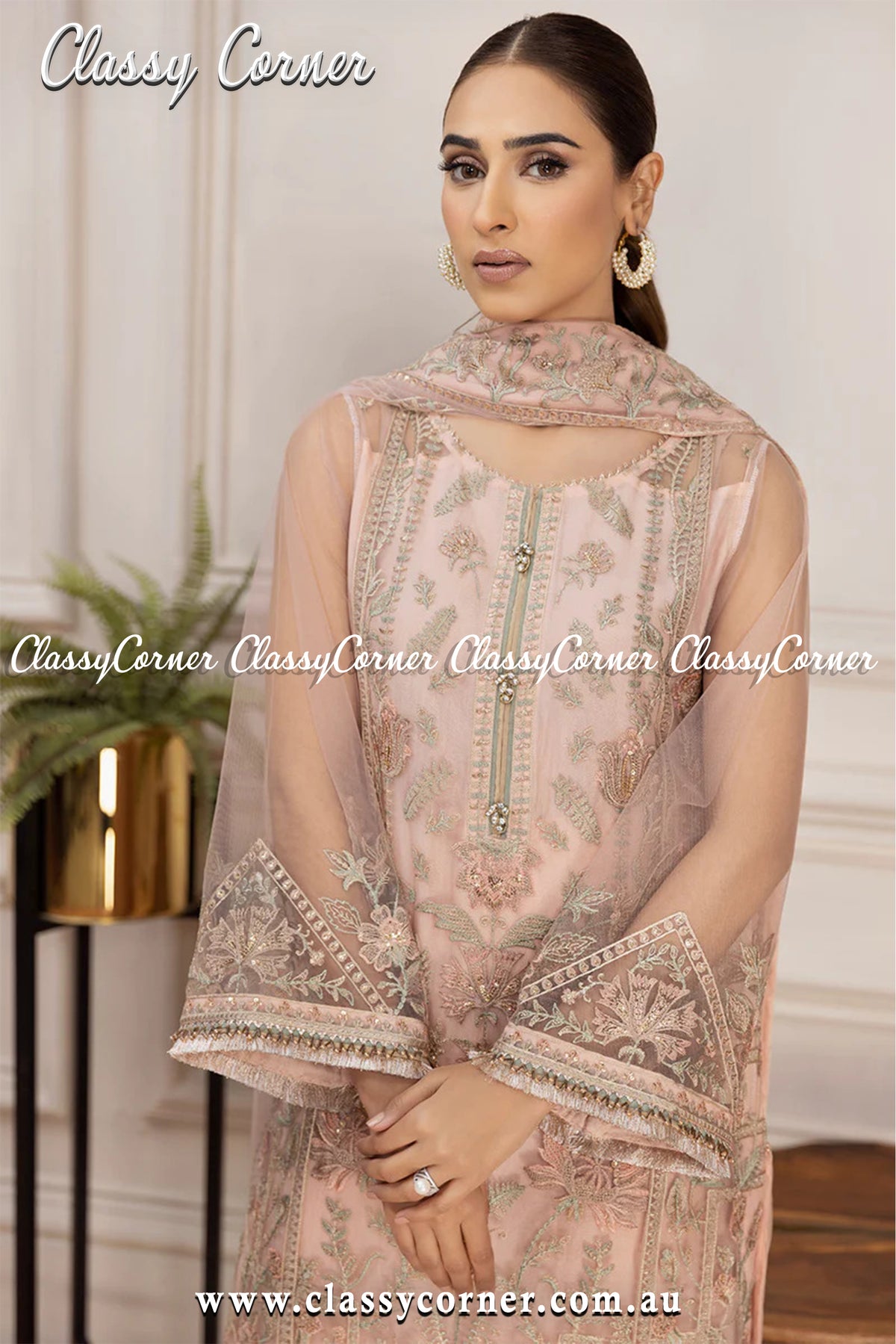 Peach Green Net Pakistani 3pc Outfit - Classy Corner