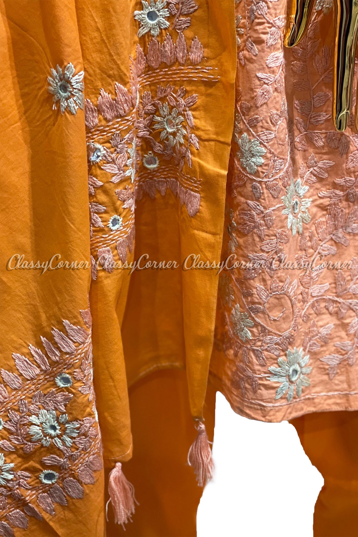 Peach Orange Hand Embroidered Cotton Salwar Kameez Suit - Classy Corner