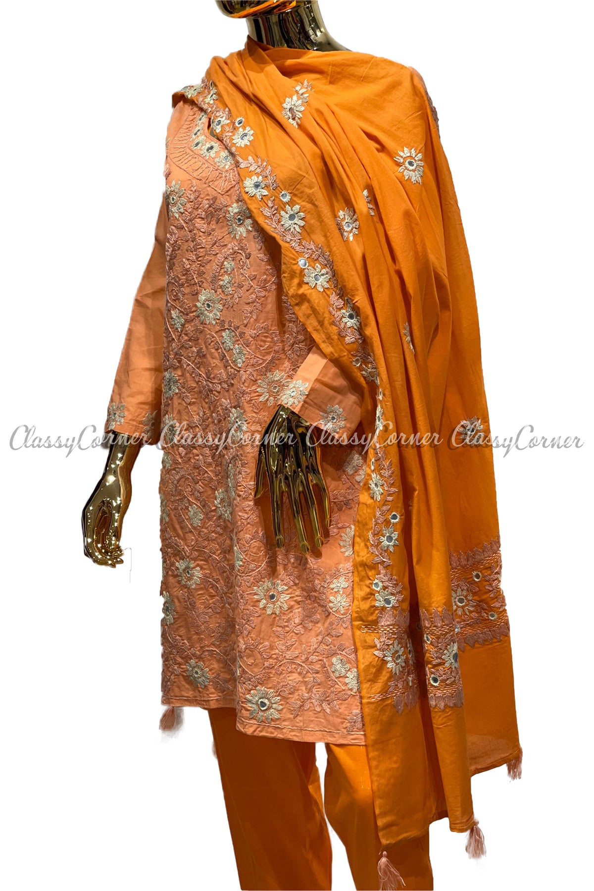 Peach Orange Hand Embroidered Cotton Salwar Kameez Suit - Classy Corner