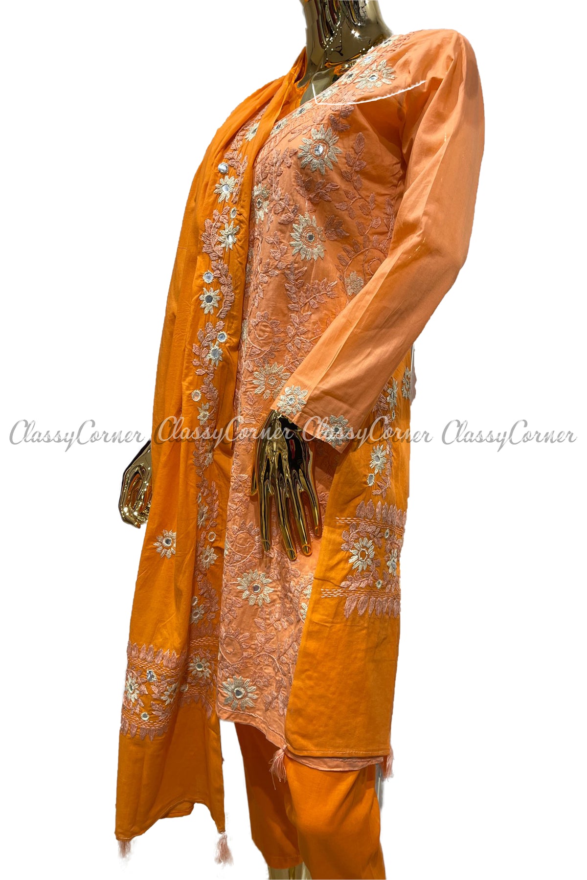 Peach Orange Hand Embroidered Cotton Salwar Kameez Suit - Classy Corner