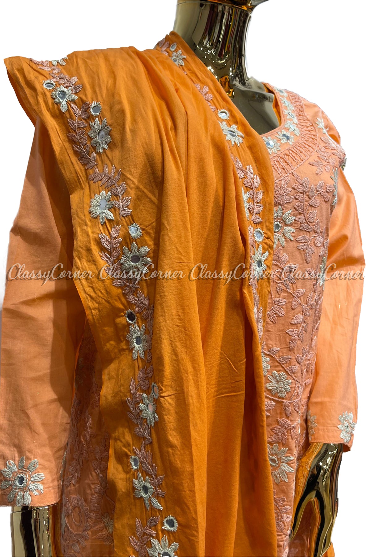 Peach Orange Hand Embroidered Cotton Salwar Kameez Suit - Classy Corner