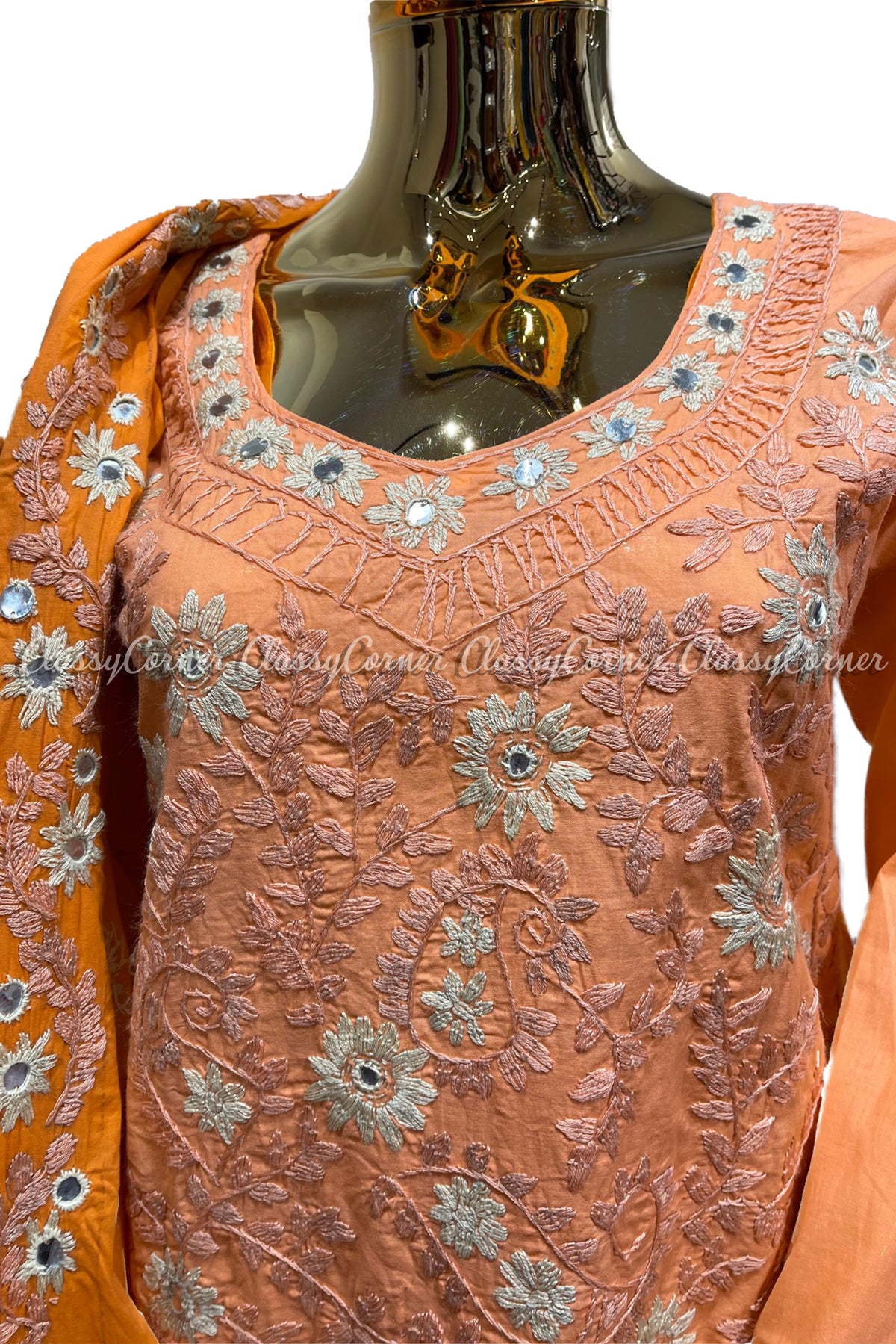 Peach Orange Hand Embroidered Cotton Salwar Kameez Suit - Classy Corner