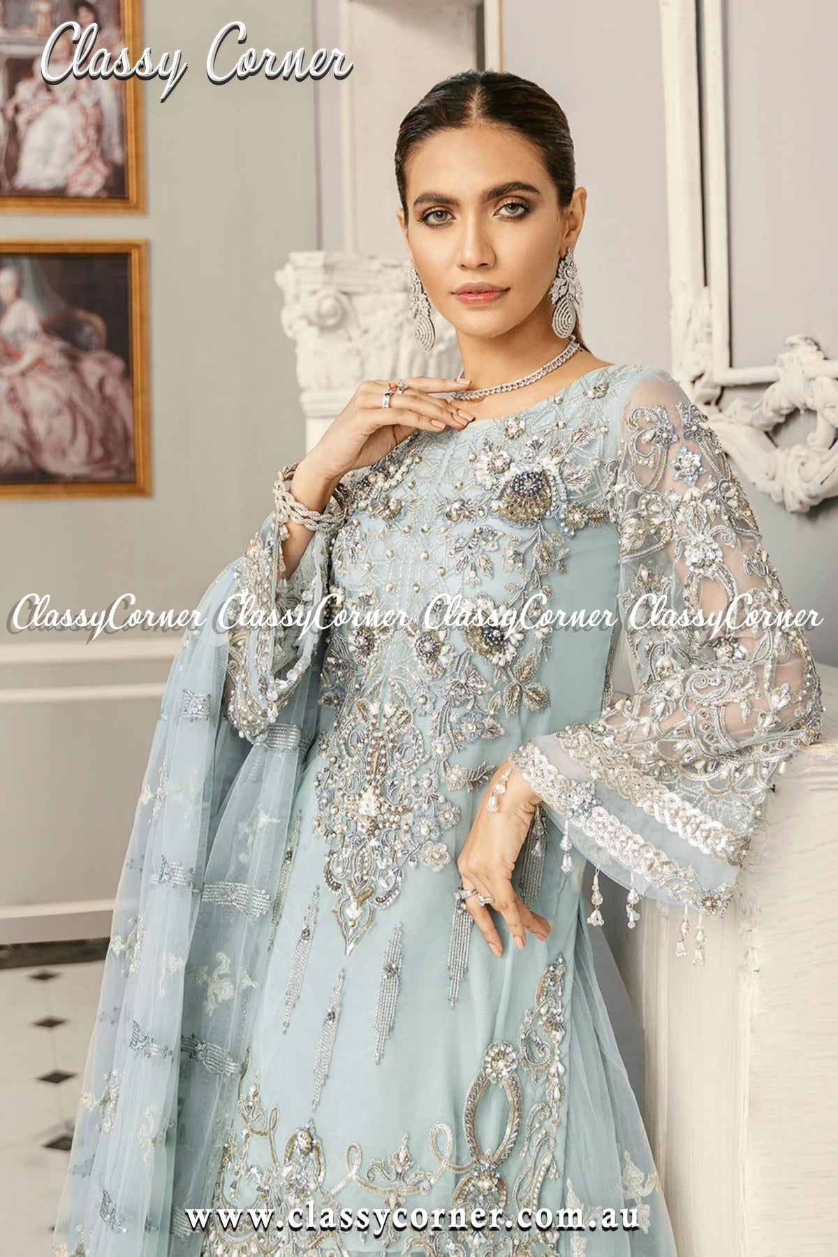 Light Blue Pakistani Formal Lehenga - Classy Corner