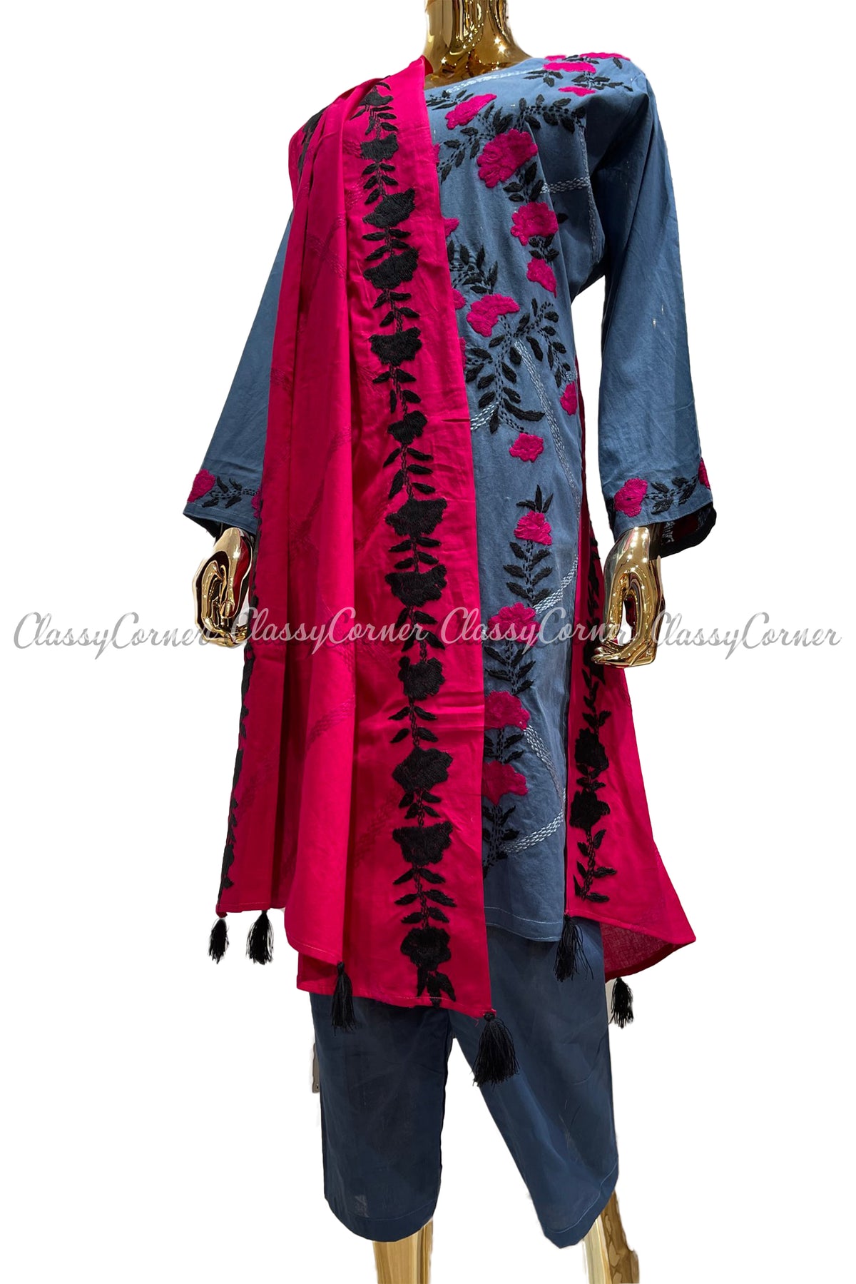 Blue Pink Magenta Hand Embroidered Cotton Salwar Kameez Suit - Classy Corner