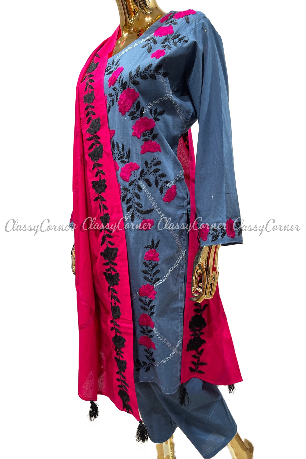 Blue Pink Magenta Hand Embroidered Cotton Salwar Kameez Suit - Classy Corner