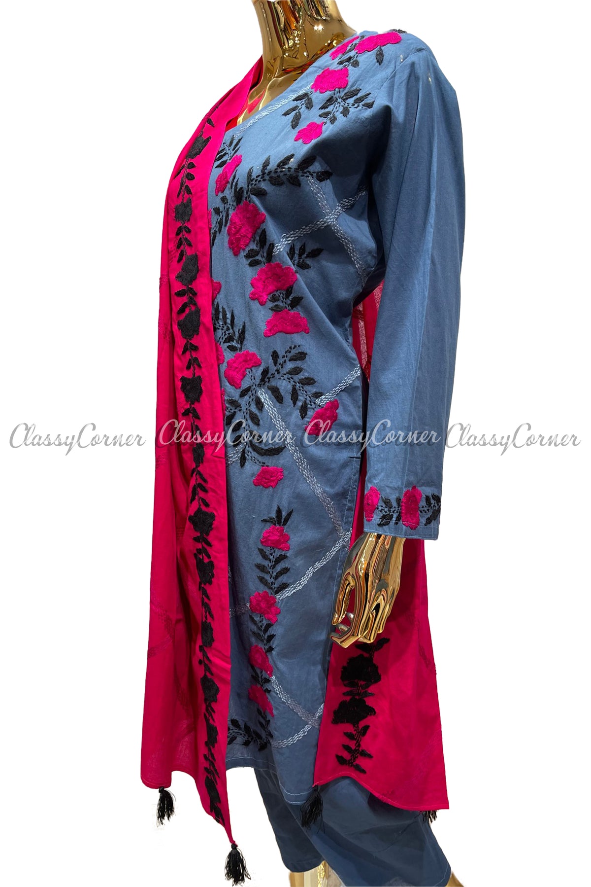 Blue Pink Magenta Hand Embroidered Cotton Salwar Kameez Suit - Classy Corner