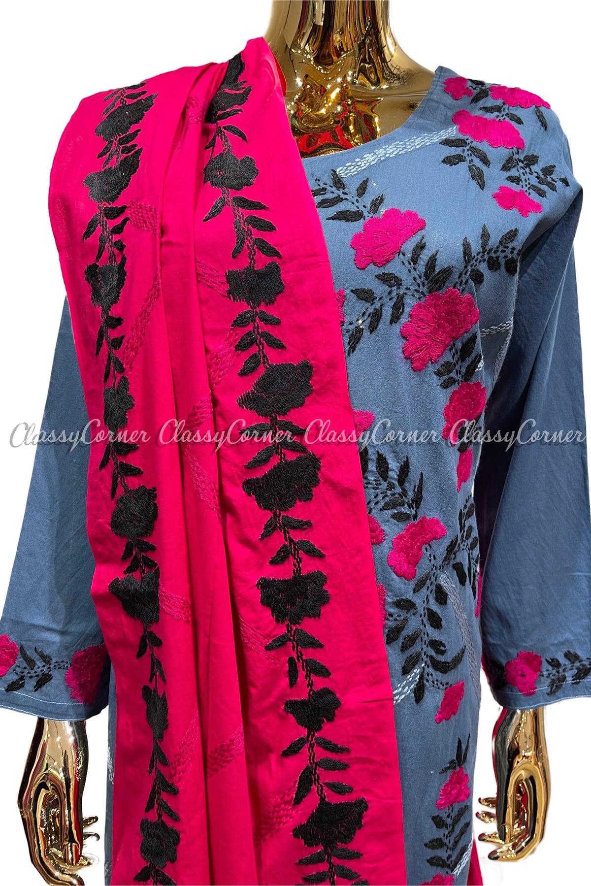 Blue Pink Magenta Hand Embroidered Cotton Salwar Kameez Suit - Classy Corner