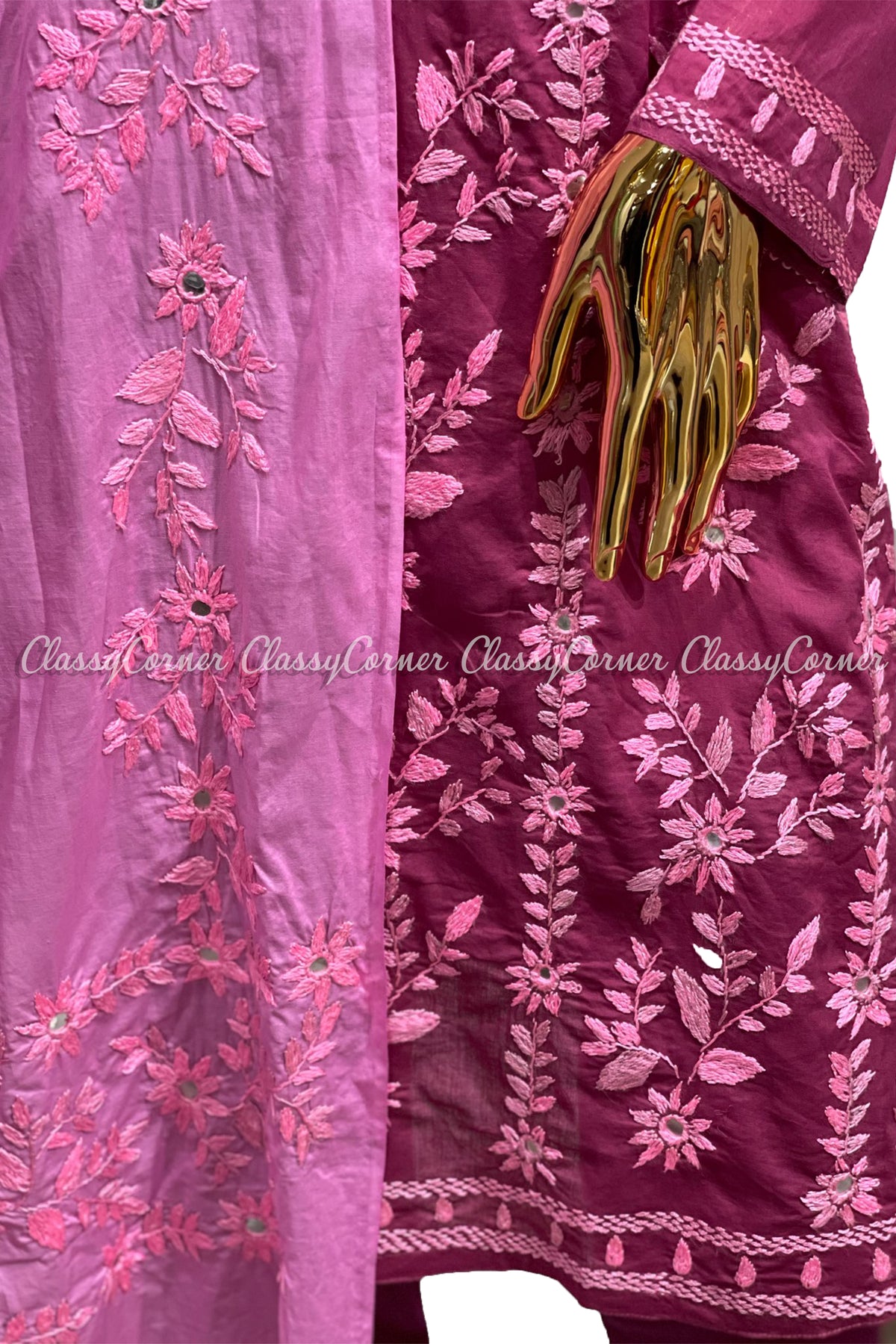 Pink Hand Embroidered Cotton Salwar Kameez Set - Classy Corner