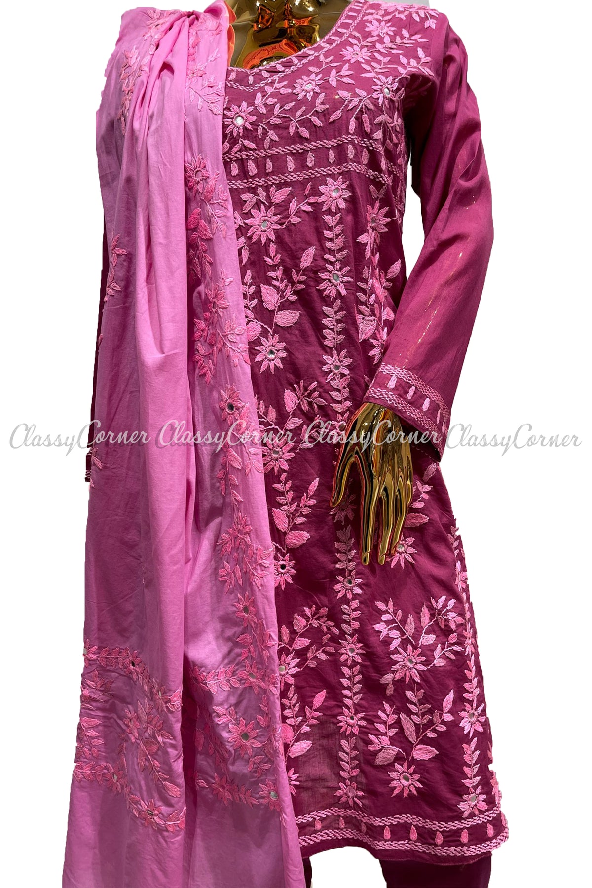 Pink Hand Embroidered Cotton Salwar Kameez Set - Classy Corner