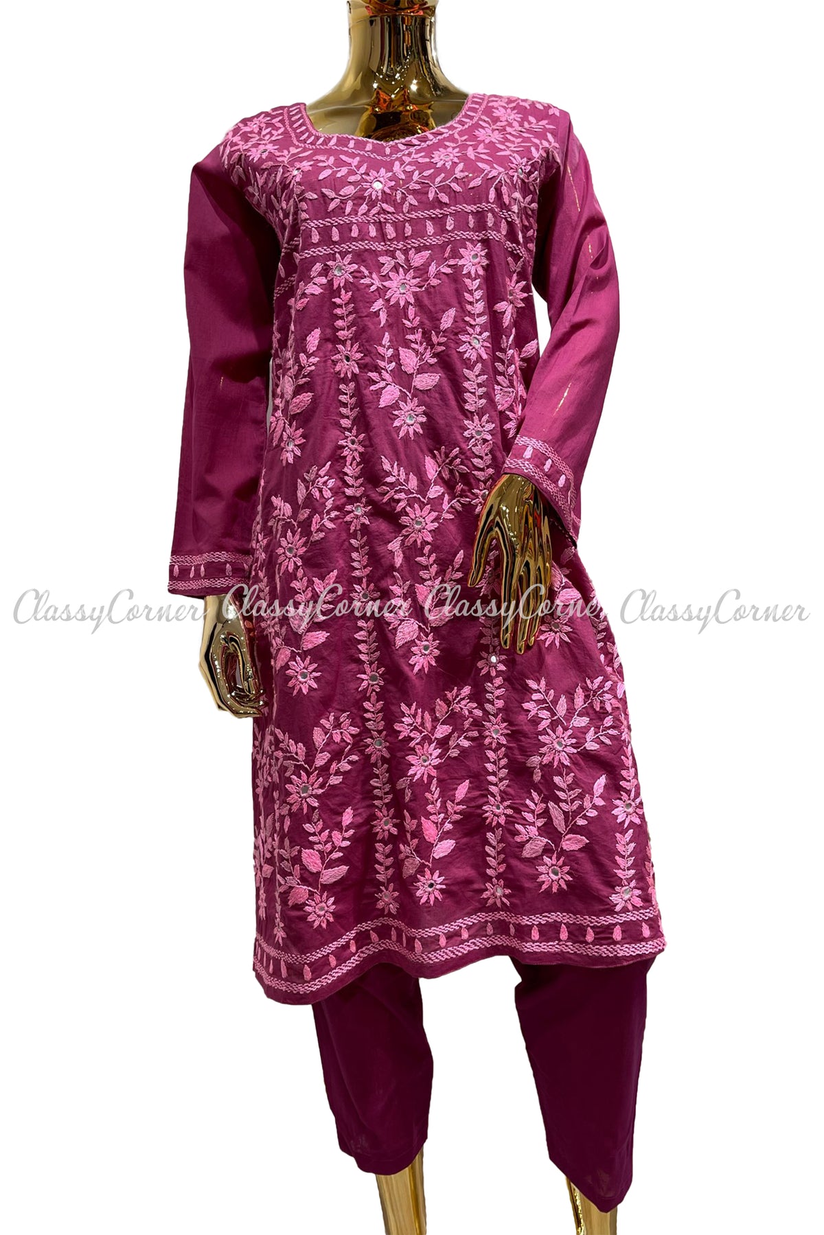 Pink Hand Embroidered Cotton Salwar Kameez Set - Classy Corner