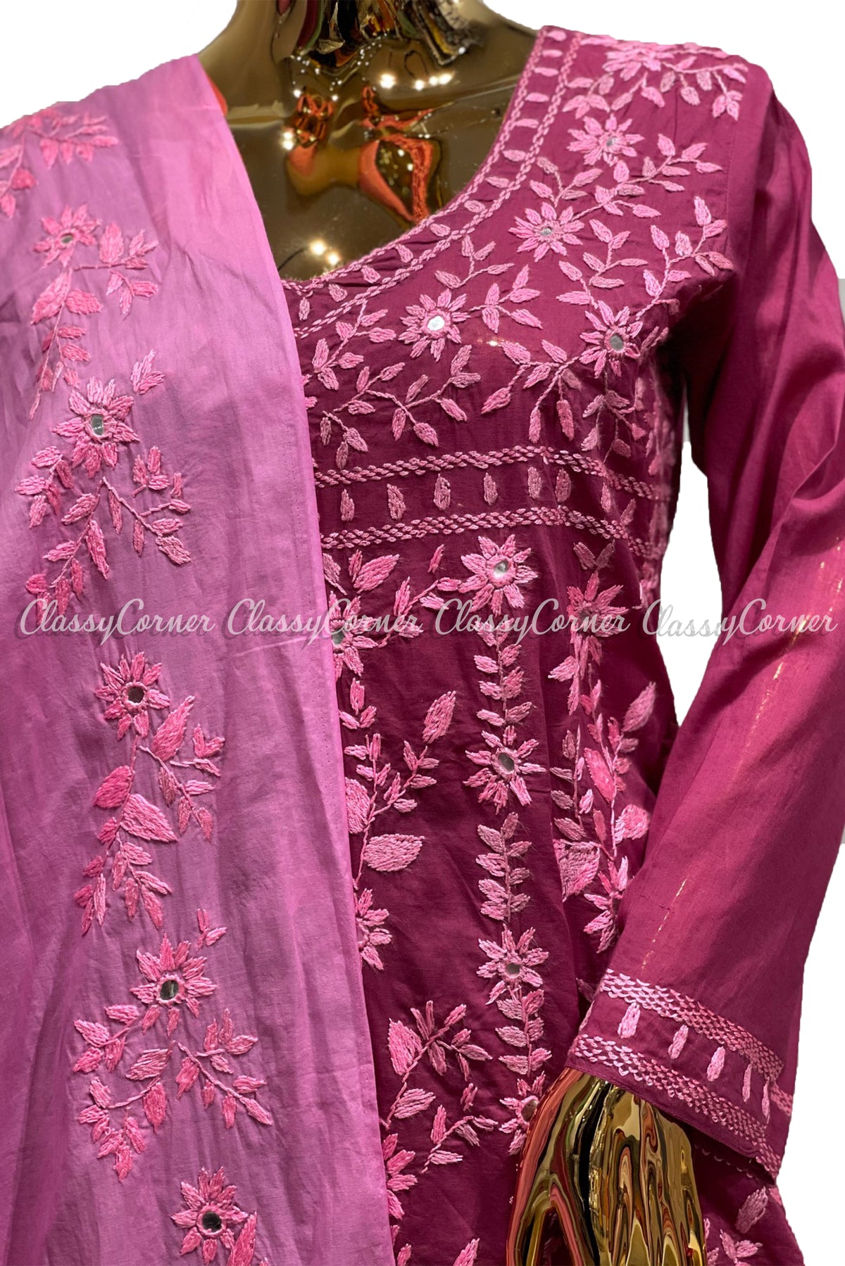 Pink Hand Embroidered Cotton Salwar Kameez Set - Classy Corner