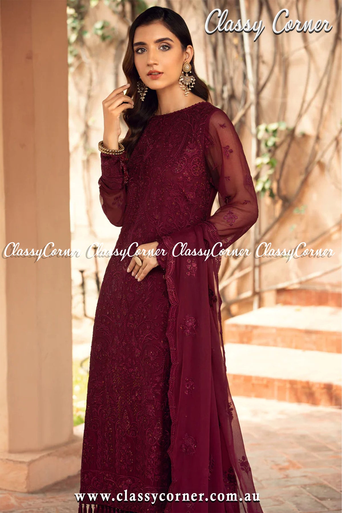 Rosewood Chiffon Pakistani Salwar Kameez - Classy Corner