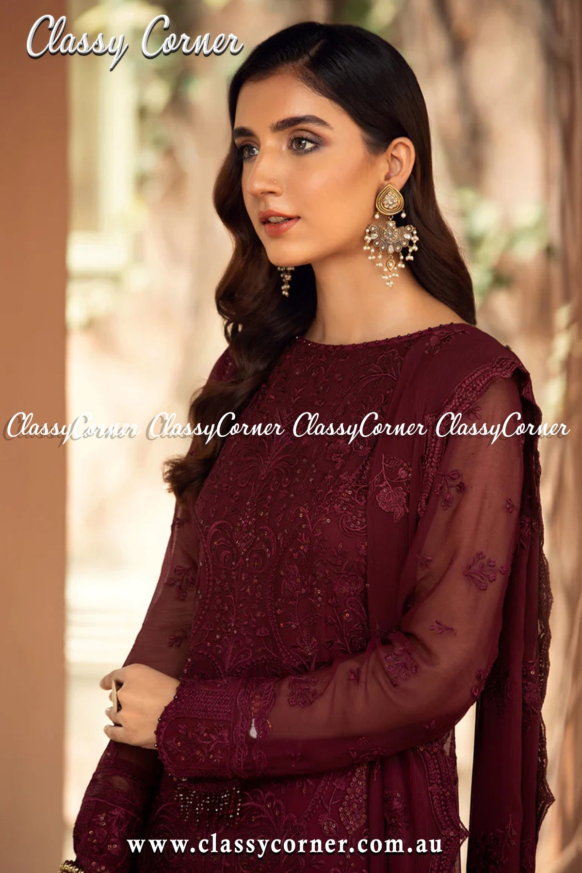 Rosewood Chiffon Pakistani Salwar Kameez - Classy Corner