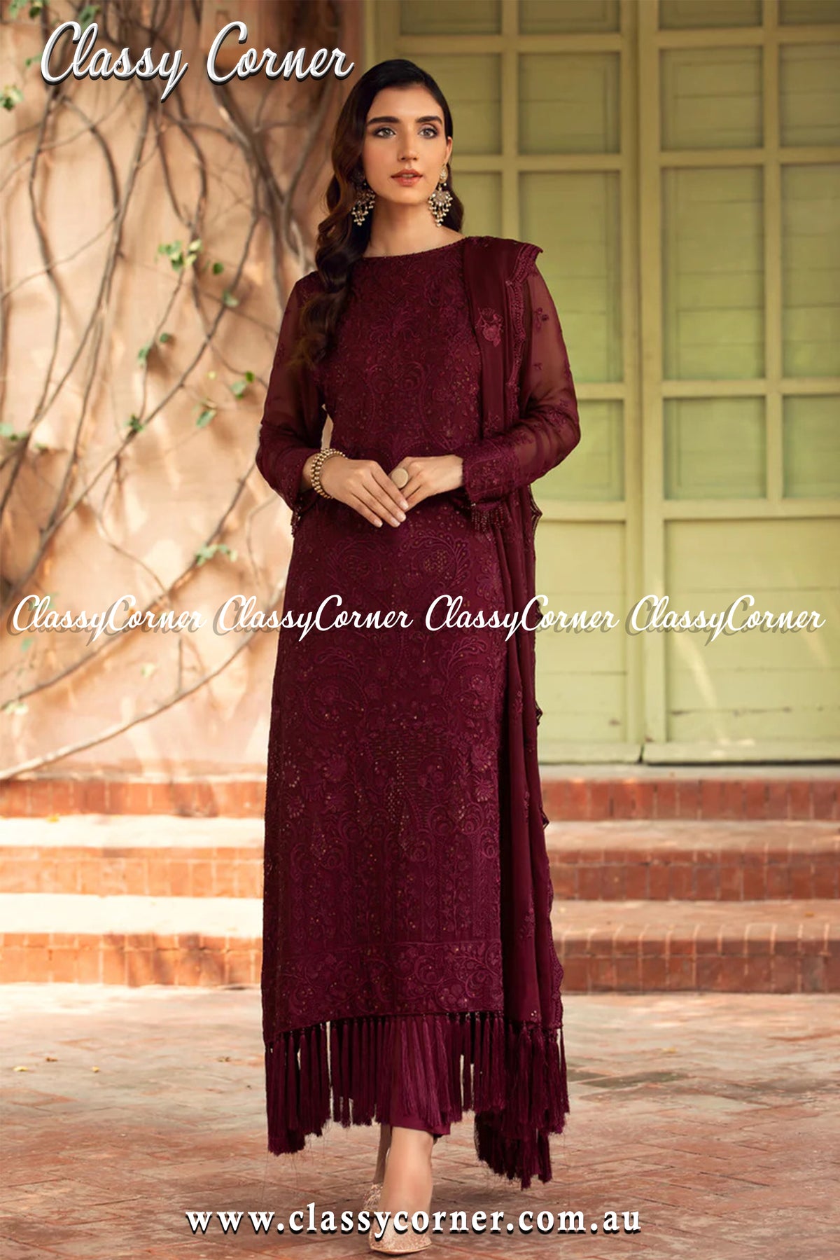 Rosewood Chiffon Pakistani Salwar Kameez - Classy Corner