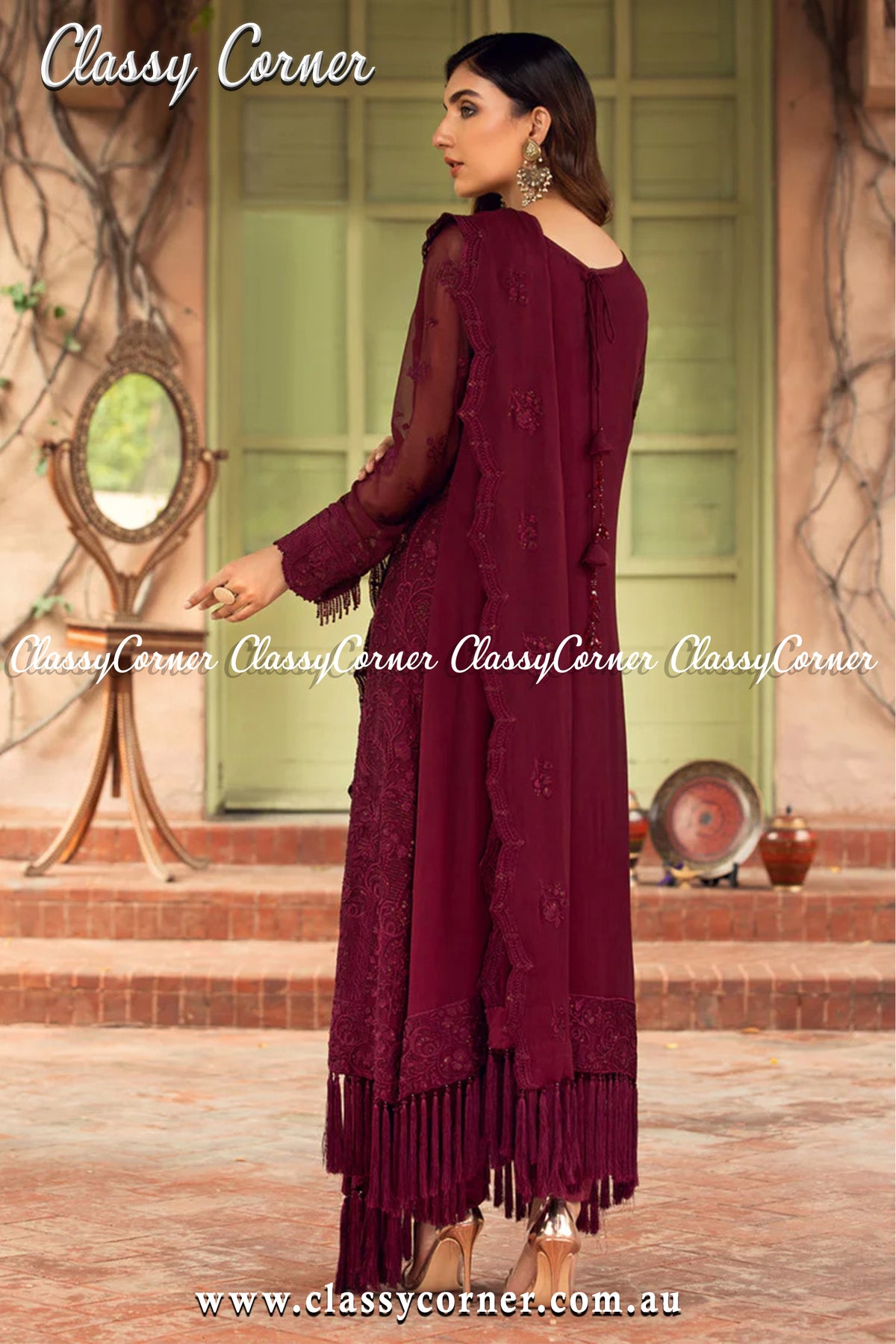 Rosewood Chiffon Pakistani Salwar Kameez - Classy Corner