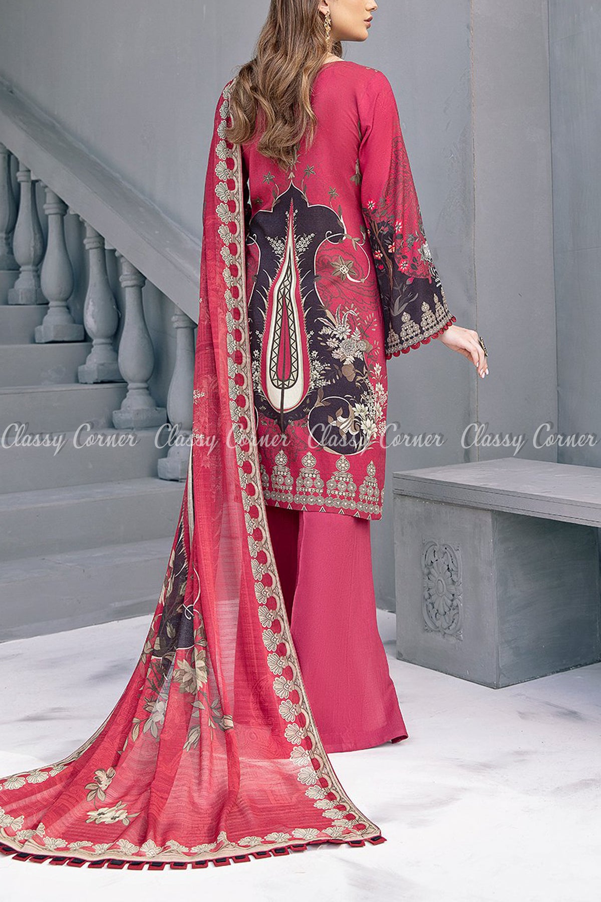 Burgundy Red Black Beige Linen Formal Formal Salwar Kameez - Classy Corner