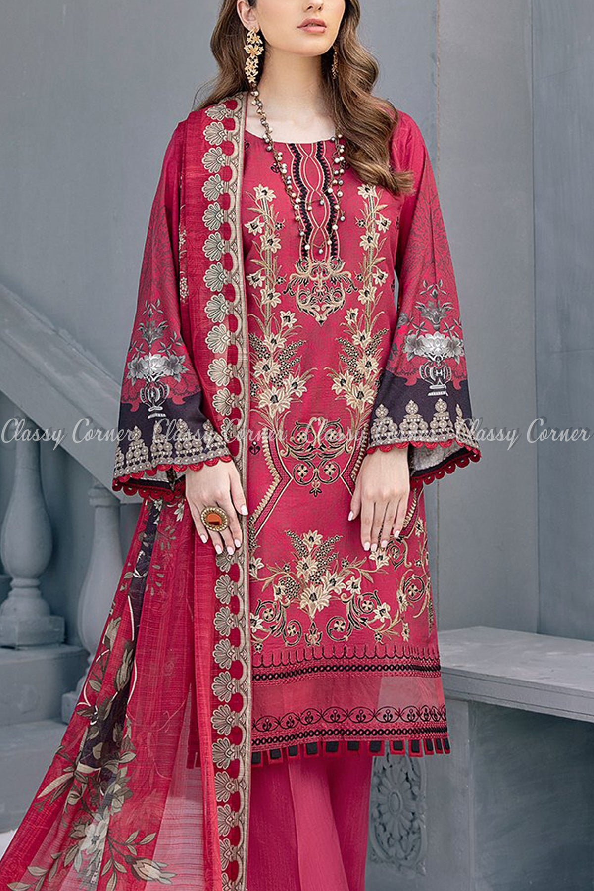 Burgundy Red Black Beige Linen Formal Formal Salwar Kameez - Classy Corner