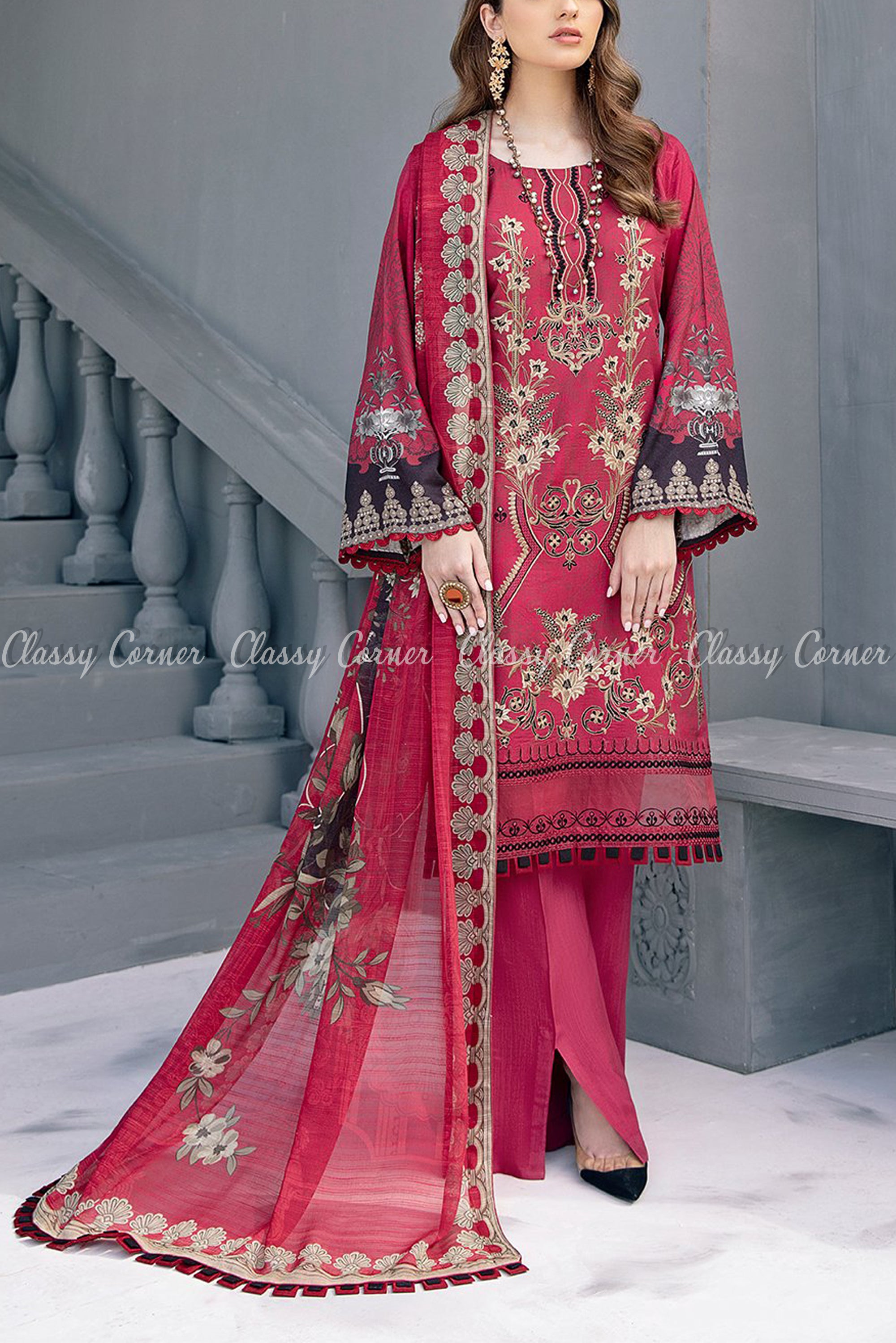 Burgundy Red Black Beige Linen Formal Formal Salwar Kameez - Classy Corner