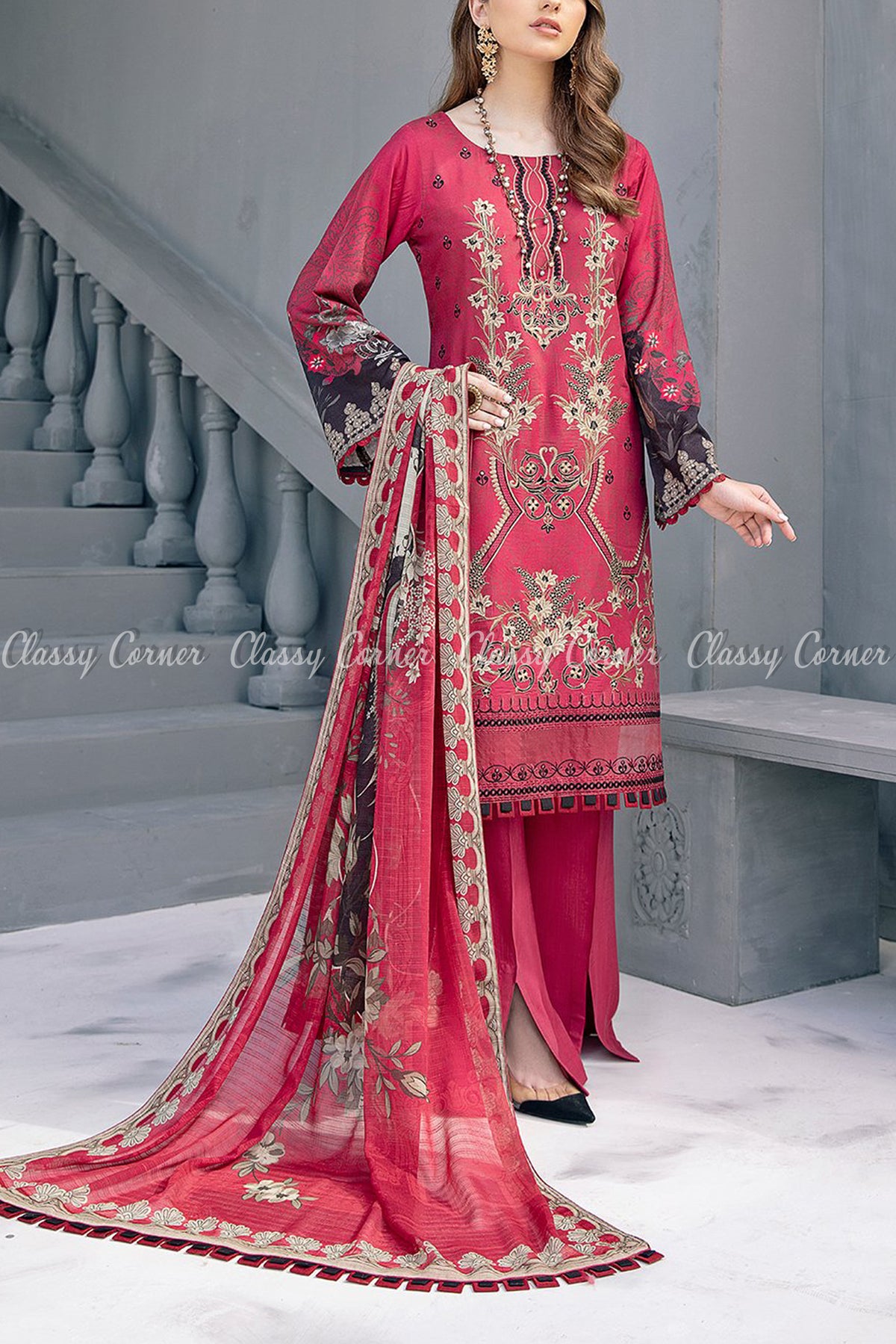 Burgundy Red Black Beige Linen Formal Formal Salwar Kameez - Classy Corner