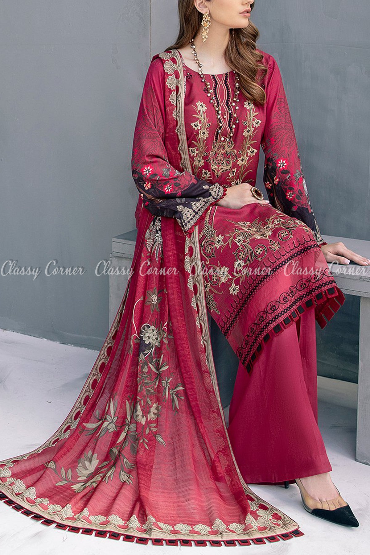 Burgundy Red Black Beige Linen Formal Formal Salwar Kameez - Classy Corner