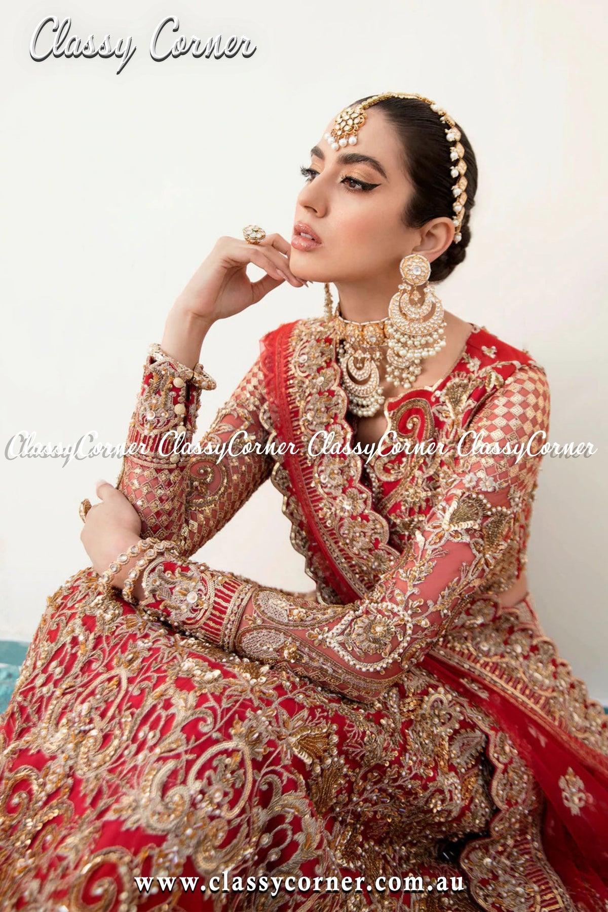 Golden Red Pakistani Wedding Lehenga - Classy Corner