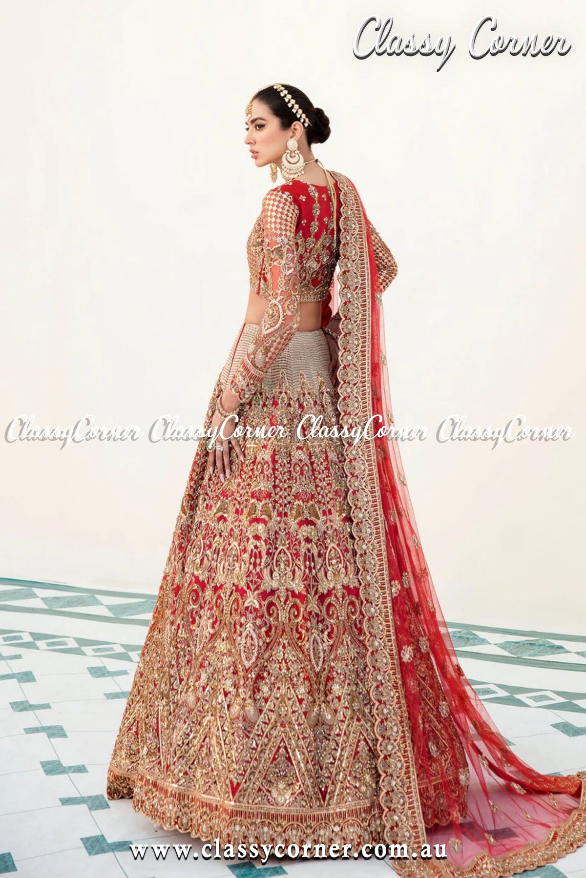 Golden Red Pakistani Wedding Lehenga - Classy Corner