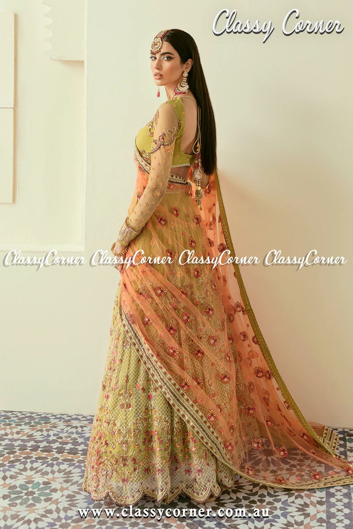 Green Orange Pakistani Wedding Lehenga - Classy Corner