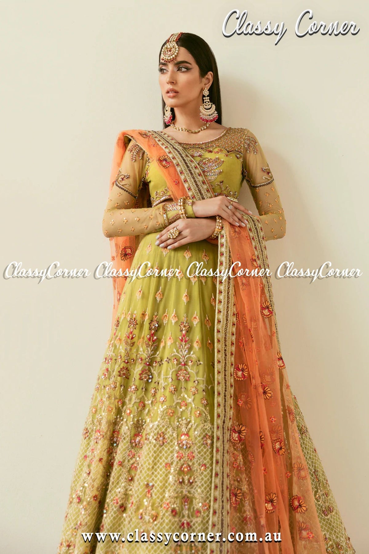 Green Orange Pakistani Wedding Lehenga - Classy Corner