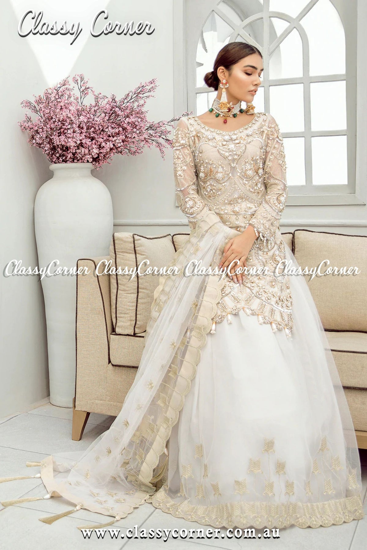 White Cream Pakistani Lehenga - Classy Corner