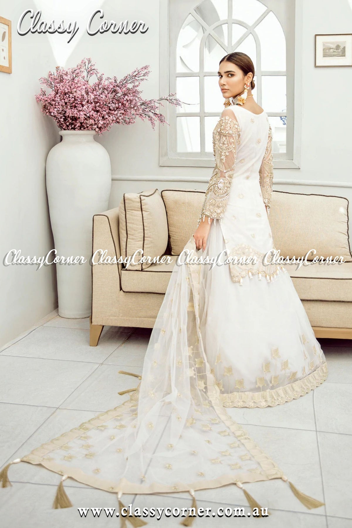 White Cream Pakistani Lehenga - Classy Corner