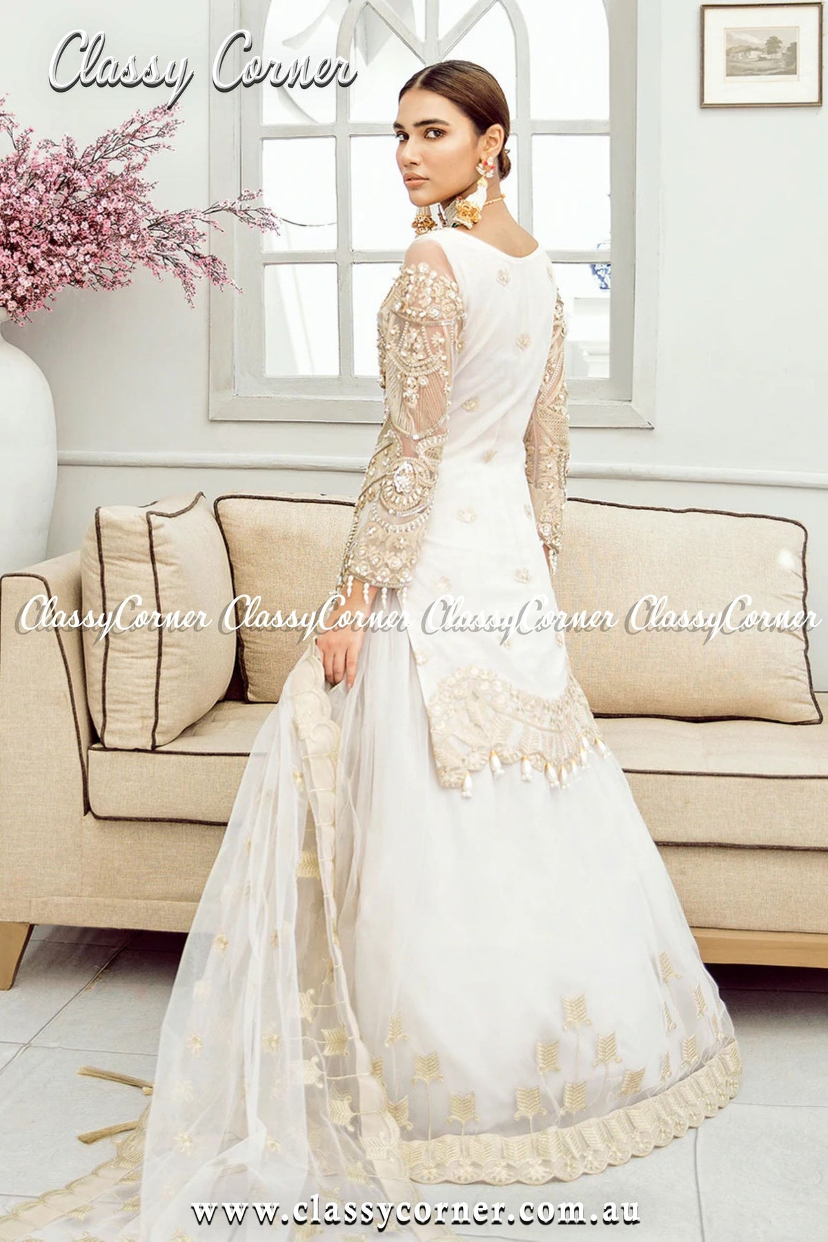 White Cream Pakistani Lehenga - Classy Corner