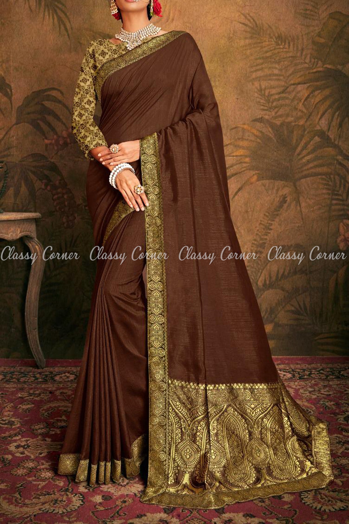 Splendid Royal Border Design Brown Saree - Classy Corner