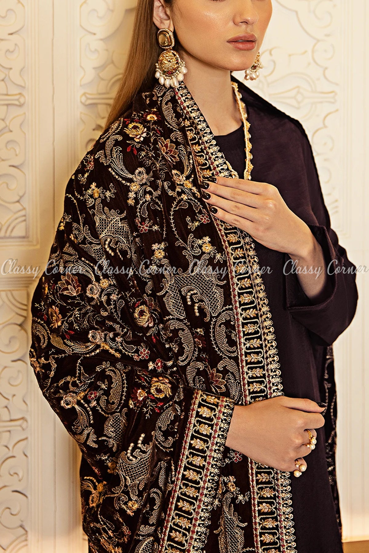 Umber Brown Velvet Shawl Pakistani Formal Salwar Kameez - Classy Corner