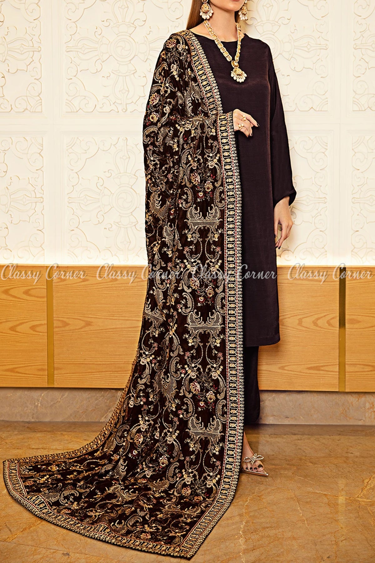 Umber Brown Velvet Shawl Pakistani Formal Salwar Kameez - Classy Corner