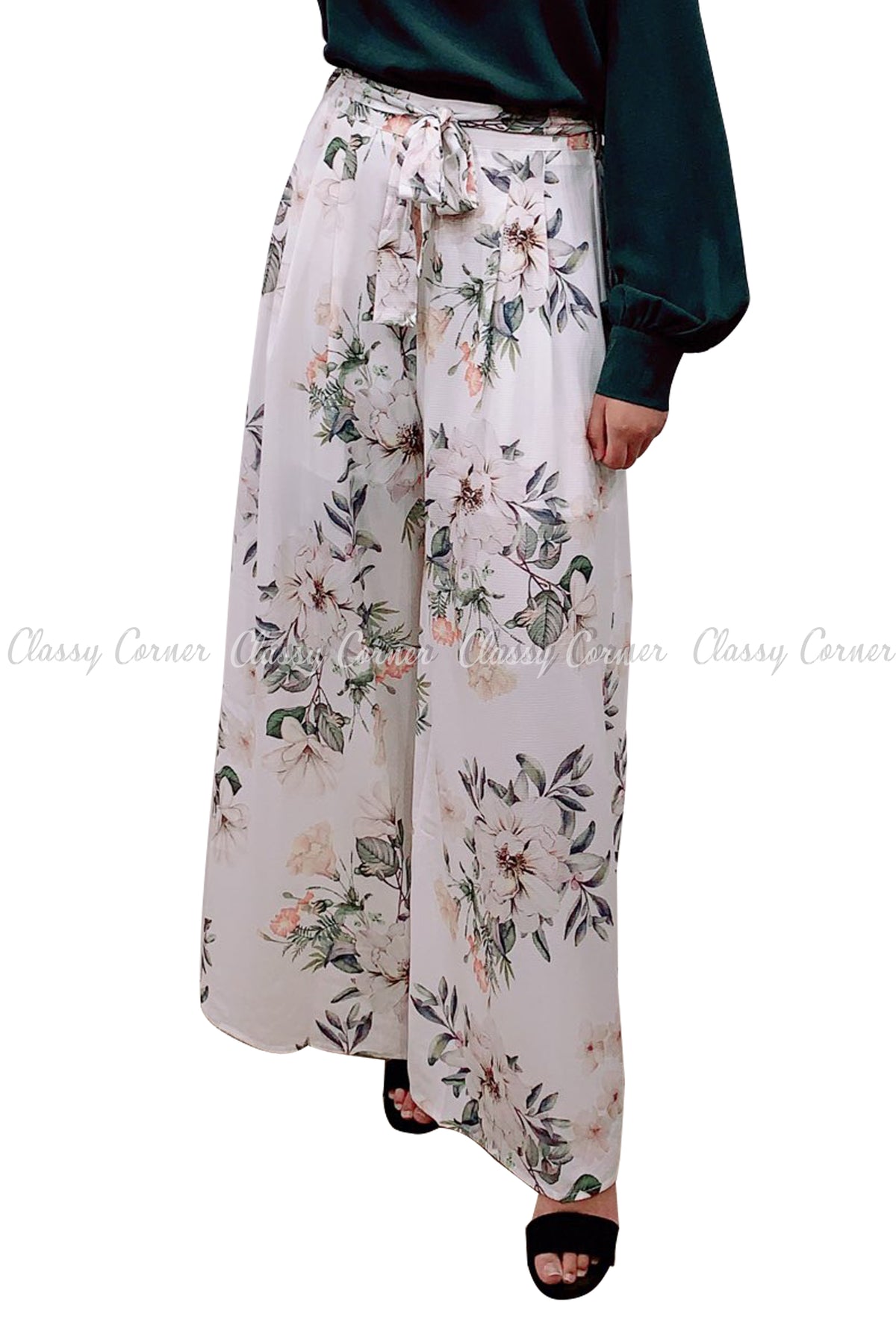 Tropical Leafy Floral Printed White Elegant Pants - Classy Corner